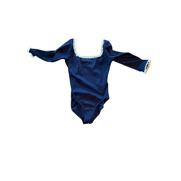 Navy Blue Ruffle Trim Square Neck Long Sleeve leotard fits like large jule - Picture 2 of 2